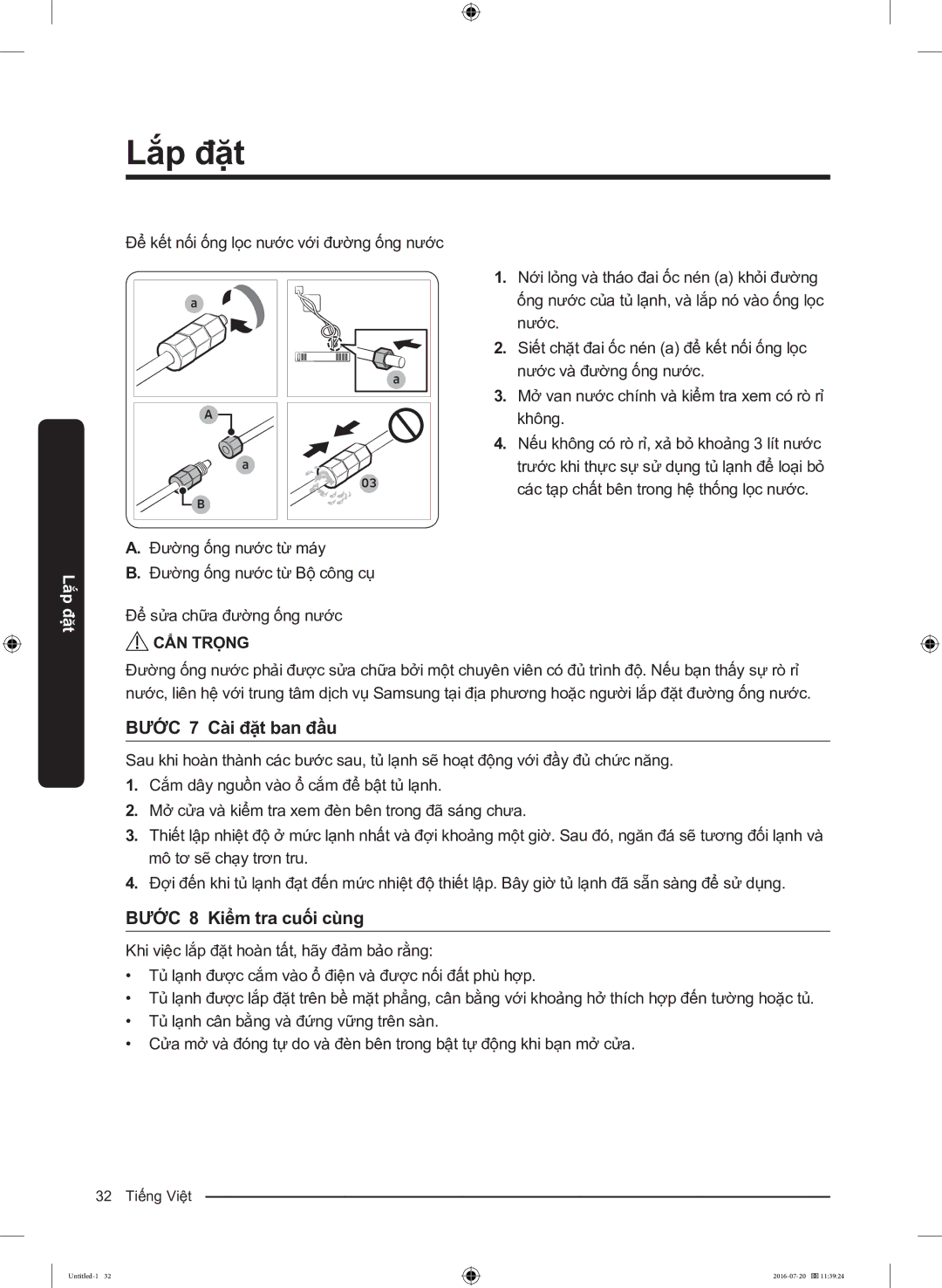 Samsung RF56K9041SG/SV manual BƯỚC 7 Cài đặt ban đầu, BƯỚC 8 Kiểm tra cuối cùng 